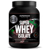 Supermass Nutrition SUPER WHEY ISOLATE Mint Chocolate; musta astia Supermass Nutrition Super Whey Isolate -proteiinijauhetta, kuvituksena minttusuklaa ja teksti korostaen ”Ultimate Protein Content”, ”Awesome Flavour”, ”Pure Ingredients” ja ”100% Whey Isolate”; astia on pyöreä mattapinnalla ja lihavalla groteskitypografialla etiketissä; tuote esillä yksivärista taustaa vasten, ei ihmisiä tai käsiä näkyvissä.
