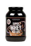 A large black plastic container of Supermass Nutrition Super Whey Isolate protein powder with a glossy finish. The cylindrical container has a wide screw-on lid. The label shows realistic ice cubes and chocolate splash illustrations, plus bold, white block text for the product name. No people or hands visible. Plain background, studio lighting. A large black container of Supermass Nutrition Super Whey Isolate protein powder, featuring eye-catching ice cubes and chocolate splash graphics on the label,