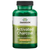 Swanson Activated Charcoal 260 mg; vihreä kiiltopintainen muovipullo tummanvihreällä korkilla, sylinterin muotoinen; Swanson-brändinimi lihavoiduin valkoisin kirjaimin etiketin yläosassa; muu teksti kertoo aktiivihiilestä, elimistön puhdistuksesta ja ruoansulatuksen tuesta, 260 mg kapselia kohti, 120 kapselia; valkoinen studiotausta, ei ihmisiä tai käsiä.