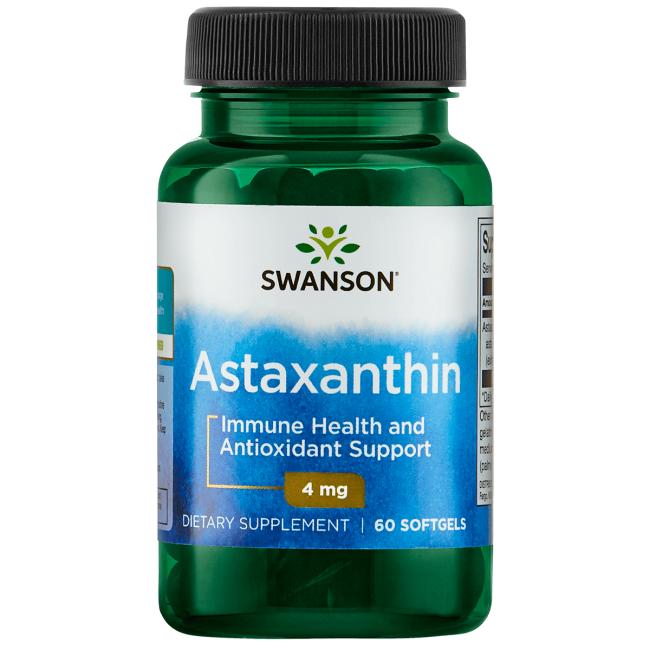 Swanson Astaxanthin 4 mg; vihreä muovipullo mattapinnalla ja kierrekorkilla; etiketissä lukee ”Swanson Astaxanthin, 4 mg, for immune health and antioxidant support with 60 softgels” mustalla ja punaisella tekstillä valkoista pohjaa vasten; pullo sylinterin muotoinen; kuva valkoisella taustalla ilman ihmisiä; ravintolisä yleisen hyvinvoinnin tueksi.