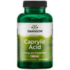 Swanson Caprylic Acid 600 mg; vihreä muovipullo kiiltopinnalla ja tavanomaisessa sylinterin muodossa, päällä tumma korkki; valkoinen etiketti tummalla ja vihreällä sekatekstillä groteskikirjasimin; tausta valkoinen ilman rekvisiittaa tai ihmisiä; kamerakulma suora tuotekuva; energian ja aineenvaihdunnan tueksi, sisältää 60 pehmeäkapselia ravintolisänä.