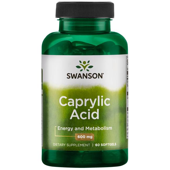 Swanson Caprylic Acid 600 mg; vihreä muovipullo kiiltopinnalla ja tavanomaisessa sylinterin muodossa, päällä tumma korkki; valkoinen etiketti tummalla ja vihreällä sekatekstillä groteskikirjasimin; tausta valkoinen ilman rekvisiittaa tai ihmisiä; kamerakulma suora tuotekuva; energian ja aineenvaihdunnan tueksi, sisältää 60 pehmeäkapselia ravintolisänä.