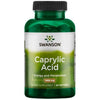 Swanson Caprylic Acid 600 mg; vihreä muovipullo kiiltopinnalla ja tavanomaisessa sylinterin muodossa, päällä tumma korkki; valkoinen etiketti tummalla ja vihreällä sekatekstillä groteskikirjasimin; tausta valkoinen ilman rekvisiittaa tai ihmisiä; kamerakulma suora tuotekuva; energian ja aineenvaihdunnan tueksi, sisältää 60 pehmeäkapselia ravintolisänä.