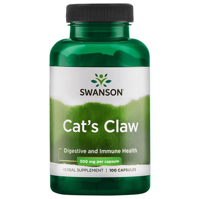 Swanson Cat's Claw 500 mg; vihreä muovipullo kissankynsi-yrttilisäravinnetta kiiltäväpinnalla ja sylinterinmuodossa; etiketissä valko-kultaisia korosteita, groteskitekstiä, ja mainitaan "ruoansulatuksen ja immuunijärjestelmän terveys", "immuniteetin tuki", "500 mg per kapseli" ja "100 kapselia"; tuote kuvattu valkoisella taustalla, ei ihmisiä tai käsiä näkyvissä.