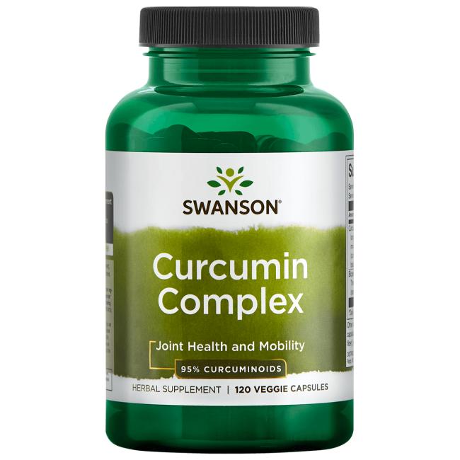 Swanson Curcumin Complex; vihreä muovipullo tekstillä Swanson Curcumin Complex, sisältää 120 kasviskapselia; pinta kiiltäväpintainen; pullo lieriömäinen mustalla kierrekannella; etiketissä lihavoitua valkoista ja keltaista tekstiä vihreällä pohjalla, korostaen nivelten terveyttä, liikkuvuutta ja 95 % kurkumiinipitoisuutta tehokkaaseen antioksidanttitukeen; tuote kuvattu valkoista taustaa vasten yksinkertaisessa studiokuvassa, ei ihmisiä tai käsiä.