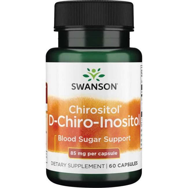 Swanson D-Chiro-Inositol; vihreä muovipullo mattapinnalla, sylinterinmuotoinen, musta kierrekorkki; etuetiketissä ”Swanson” lihavin groteskikirjaimin, tuotenimi, kapselimäärä (60), annostus (85 mg) ja maininnat verensokerin tuesta ja aineenvaihdunnan terveydestä; ei ihmisiä tai käsiä näkyvissä; valkoinen tausta, tuote keskitettynä kuvaan; vihreä Swanson-merkkinen D-Chiro-Inositol-lisäravinnepullo, 60 kapselia, merkitty verensokerin tueksi ja aineenvaihdunnan terveydeksi, sisältäen 85 mg annosta kohden.