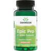 Swanson Epic Pro 25-Strain; vihreä muovipullo mustalla uritetulla kierrekorkilla keskitettynä kuvaan; pinta matta; etiketissä lukee ”Swanson Epic Pro 25-Strain Probiotic” ja tiedot ruoansulatuksen terveydestä ja 30 vegaanisesta kapselista selkeällä lihavoidulla groteskikirjasimella; valkoinen tausta, ei ihmisiä tai käsiä; monikantaisin probioottikannoin rikastettu.
