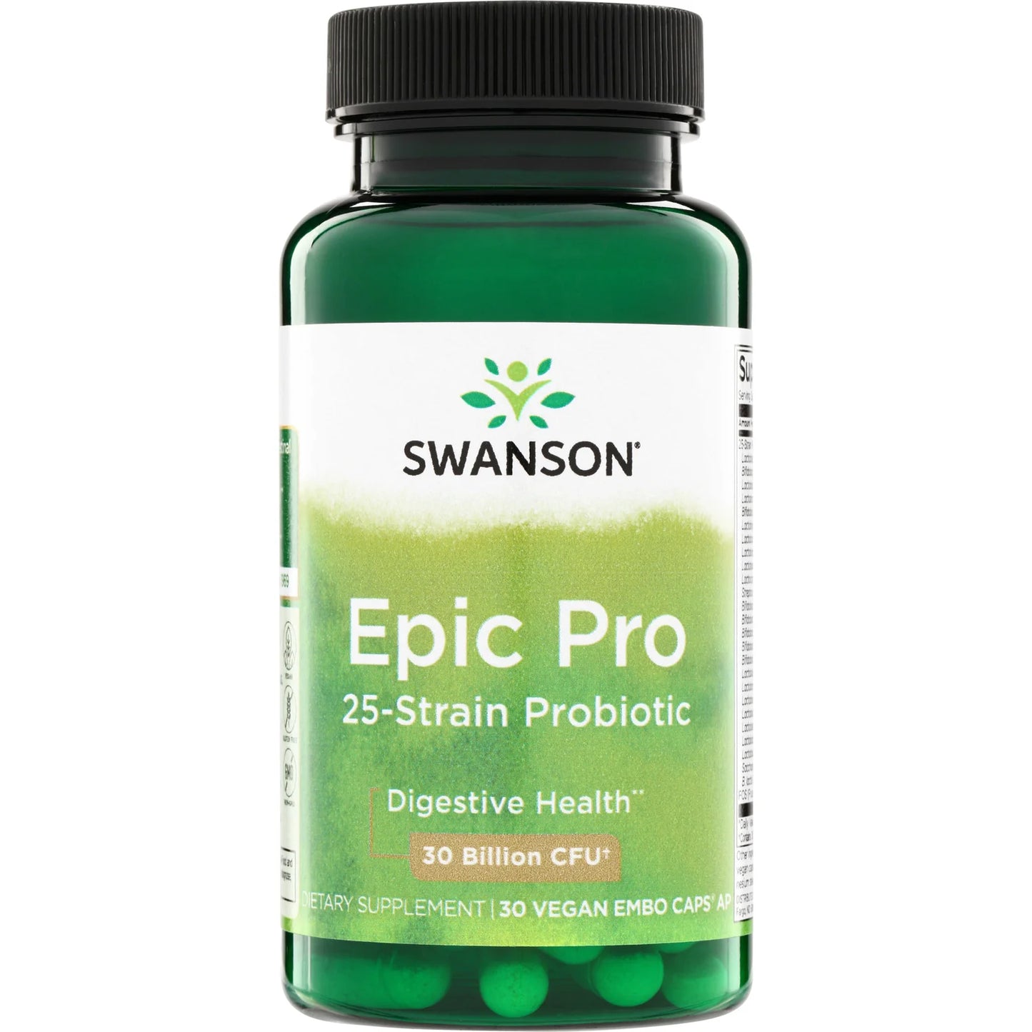 Swanson Epic Pro 25-Strain; vihreä muovipullo mustalla uritetulla kierrekorkilla keskitettynä kuvaan; pinta matta; etiketissä lukee ”Swanson Epic Pro 25-Strain Probiotic” ja tiedot ruoansulatuksen terveydestä ja 30 vegaanisesta kapselista selkeällä lihavoidulla groteskikirjasimella; valkoinen tausta, ei ihmisiä tai käsiä; monikantaisin probioottikannoin rikastettu.