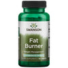 Swanson Fat Burner; vihreä muovipullo mattapinnalla ja sylinterin muotoinen, päällä kiinteä musta kierrekorkki; etiketissä lukee ”Swanson Fat Burner Weight Management Comprehensive Formula” ja ”60 dietary supplement tablets”, teksti valkoisella ja vihreällä groteskilla vaaleasta tummaan vihreään vaihtuvaa taustaa vasten; ei ihmisiä tai käsiä, neutraali studiotausta, suora edestä otettu tuotekuva.