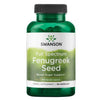 Swanson Fenugreek Seed; Swanson Full Spectrum Fenugreek Seed -yrttiravintolisäpullo; vihreä muovipullo kiiltopinnalla, sylinterin muotoinen mustalla kierrekorkilla; valkoisessa etiketissä mustaa ja vihreää groteskitekstiä, luettavissa ”Fenugreek Seed”, ”90 capsules” ja ”610 mg” sekä maininta verensokerin ja hyvinvoinnin tuesta; valkoinen tausta, ei ihmisiä tai käsiä.