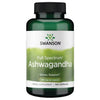 Swanson Full Spectrum Ashwagandha 450 mg; vihreä pullo tekstillä Swanson Full Spectrum Ashwagandha, sisältää 100 kapselia luonnollisen stressinsiedon tueksi, 450 mg kapselia kohti; muovipullo mattapinnalla sylinterin muotoinen tummanvihreällä korkilla; valkoinen etiketti lihavoidulla painetulla tekstillä ja kultaisin korostuksin; valkoinen tausta ilman näkyvää ympäristöä tai ihmisiä; kuva keskitetty.