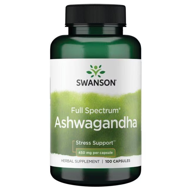 Swanson Full Spectrum Ashwagandha 450 mg; vihreä pullo tekstillä Swanson Full Spectrum Ashwagandha, sisältää 100 kapselia luonnollisen stressinsiedon tueksi, 450 mg kapselia kohti; muovipullo mattapinnalla sylinterin muotoinen tummanvihreällä korkilla; valkoinen etiketti lihavoidulla painetulla tekstillä ja kultaisin korostuksin; valkoinen tausta ilman näkyvää ympäristöä tai ihmisiä; kuva keskitetty.