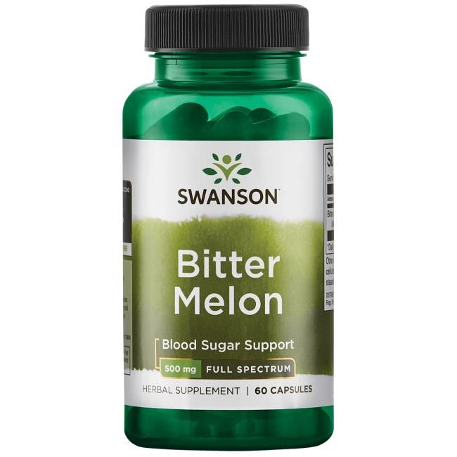 A bottle of Swanson Bitter Melon herbal supplement, labeled for blood sugar support, 500 mg full spectrum, with 60 capsules. The green plastic bottle has a glossy finish and a round shape with a black screw-on cap. Label text is in dark green and white sans-serif fonts. Product is photographed against a plain white background, no people or other objects visible.