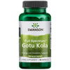 Swanson Full Spectrum Gotu Kola; vihreä muovipullo Swanson Full Spectrum Gotu Kola -yrttiravintolisälle mattapinnalla, lieriön muotoinen vihreällä kierrekorkilla; valkoinen etiketti tummanvihreällä ja kultaisella lihavoidulla sans-serif-fontilla; etiketti mainitsee energian, verenkierron tuen ja kognitiivisen toiminnan; 60 kapselia à 435 mg; pullo valkoista taustaa vasten, tuotekuva ilman muita esineitä.