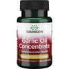 Swanson Garlic Oil Concentrate 500 mg; pullo Swanson Garlic Oil Concentrate -ravintolisää, muotoiltu sydän- ja verisuoniterveyden tueksi, 500 mg valkosipuliöljyvastinetta pehmeäkapselia kohti, sisältää 250 pehmeäkapselia; pullo sylinterin muotoinen vihreää muovia kiiltopinnalla ja tummalla kierrekorkilla; pääetiketti valkoista ja kultaista tekstiä serifi- ja groteskikirjasimin; valkoinen tausta, tuote keskitettynä, ei ihmisiä.