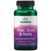 Swanson Hair, Skin & Nails; vihreä muovipullo violetilla mattaetiketillä, näyttää tekstin ”Swanson Hair, Skin & Nails” ravintolisälle, sisältää 60 tablettia; etiketti valkoisella groteskitekstillä tuotenimestä ja perustiedoista; pullo sylinterin muotoinen kierrekorkilla; tausta valkoinen, kuva otettu edestäpäin ilman ihmisiä tai käsiä.
