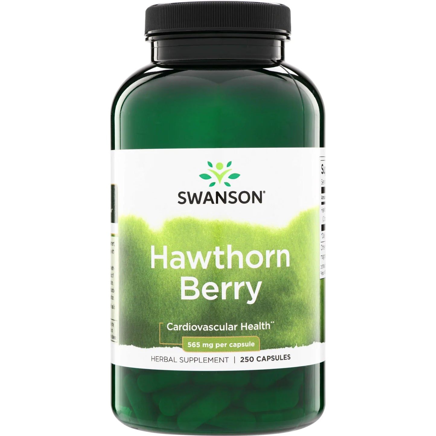 Swanson Hawthorn Berry 565 mg; pullo Swanson Hawthorn Berry -yrttilisää, 250 kapselia sydän- ja verisuoniterveyden tueksi, 565 mg kapselia kohti; pullo sylinterin muotoinen tummanvihreää muovia kiiltävällä mustalla kierrekorkilla ja valkoisella mattaetiketillä; etiketissä lihavoitua ja tavallista groteskitekstiä vihreänä ja mustana; valkoinen tausta, suoraviivainen keskitetty tuotekuva.