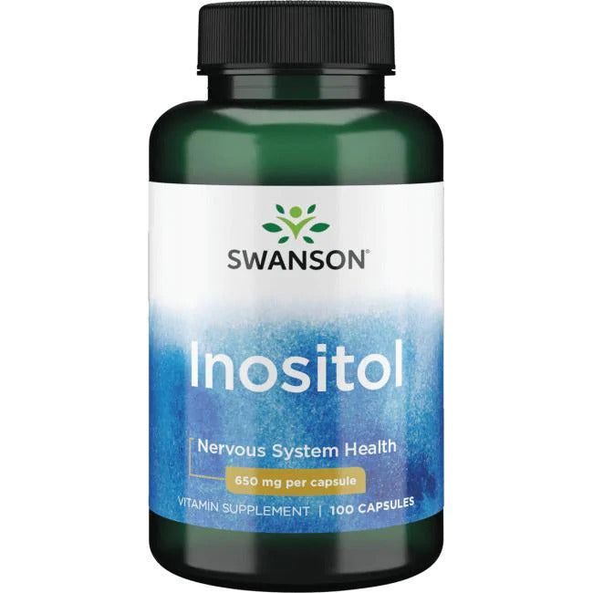 Swanson Inositol; pullo Swanson Inositol -ravintolisälle, merkitty hermoston terveydelle ja yleiselle hyvinvoinnille, 650 mg kapselia kohden, 100 kapselia; pullo lieriön muotoinen tummanvihreää muovia kiiltäväpinnalla; sininen ja valkoinen etiketti selkeällä sans-serif-typografialla; ei ihmisiä tai käsiä; tausta valkoinen tasaisessa valaistuksessa.