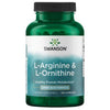 Swanson L-Arginine & L-Ornithine; vihreä muovipullo Swanson L-Arginine & L-Ornithine -ravintolisää, merkitty terveen proteiiniaineenvaihdunnan tueksi, sisältää 100 kapselia; pinta kiiltävä, etiketti valkoinen vihrein ja kultaisin korostuksin lihavoidulla groteskikirjasimella; kuva näyttää vain tuotteen tasaista taustaa vasten, ei ihmisiä tai käsiä.