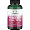 Swanson Menopause Essentials; pullo Swanson Menopause Essentials -ravintolisää naisten terveydelle, sisältää 120 kasviskapselia hormonaalisen tasapainon tukemiseksi; etiketti vaaleanpunainen ja vihreä valkoisin ja keltaisin tekstein; muovipullo lieriömäinen kiiltävällä tummanvihreällä kannella; etiketissä groteski- ja lihavoituja fontteja; tuote valkoisella taustalla, ei ihmisiä tai käsiä kuvassa.