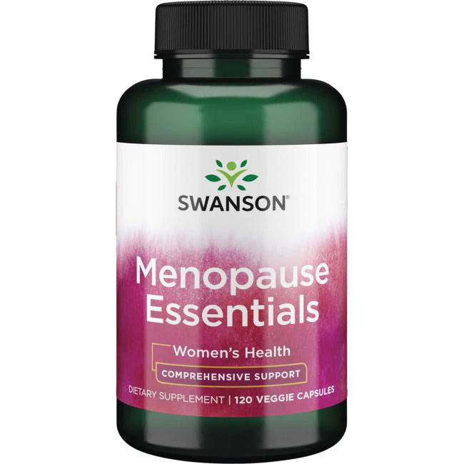 Swanson Menopause Essentials; pullo Swanson Menopause Essentials -ravintolisää naisten terveydelle, sisältää 120 kasviskapselia hormonaalisen tasapainon tukemiseksi; etiketti vaaleanpunainen ja vihreä valkoisin ja keltaisin tekstein; muovipullo lieriömäinen kiiltävällä tummanvihreällä kannella; etiketissä groteski- ja lihavoituja fontteja; tuote valkoisella taustalla, ei ihmisiä tai käsiä kuvassa.