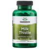 Swanson Milk Thistle 500 mg; vihreä muovipullo Swanson Milk Thistle -yrttilisää kiiltopinnalla, sylinterin muotoinen kierrekorkilla; pääetiketissä valkoista ja keltaista groteskitekstiä; luettavissa maininnat elimistön puhdistuksesta, maksaterveydestä, 500 mg kapselia kohti ja 100 kapselia; valkoinen tausta, ei ihmisiä tai käsiä.