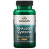 A green plastic bottle of Swanson N-Acetyl Cysteine with a matte finish and rounded shape. The white and teal paper label has gold accent lines, bold sans-serif typography for product name, and smaller sans-serif text for details: Antioxidant Support, 600 mg, Dietary Supplement, 100 capsules. Bottle is photographed against a plain white background. No people or actions present.