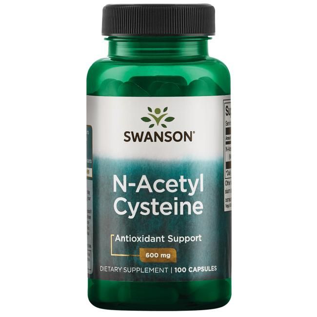 A green plastic bottle of Swanson N-Acetyl Cysteine with a matte finish and rounded shape. The white and teal paper label has gold accent lines, bold sans-serif typography for product name, and smaller sans-serif text for details: Antioxidant Support, 600 mg, Dietary Supplement, 100 capsules. Bottle is photographed against a plain white background. No people or actions present.