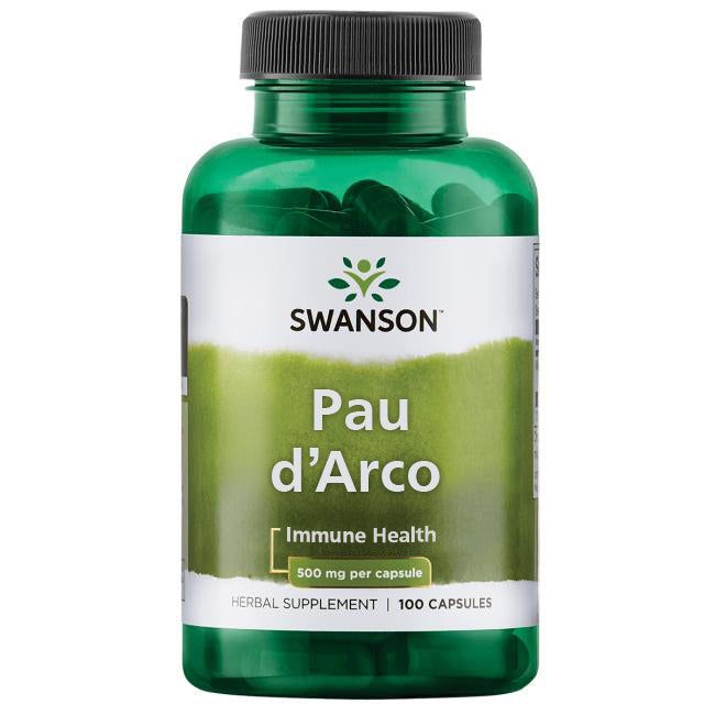 Swanson Pau d'Arco; vihreä muovipullo mattapinnalla, lieriömäinen muoto ja kierrekorkki; etiketti valkoinen vihrein tehostein, jossa selkeällä groteskilla teksti ”Swanson Pau d'Arco”, ”immune health support”, ”100 capsules” ja ”500 mg per capsule”; ei ihmisiä tai käsiä; tuote kuvattu tasaisella valkoisella taustalla keskitetysti edestä; tuote on immuunijärjestelmää tukeva yrttilisäravinne 100 kapselin pakkauksessa, 500 mg kapselia kohden.