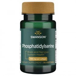Swanson Phosphatidylserine 100 mg; vihreä Swanson Phosphatidylserine -ravintolisäpullo kultaisella korkilla, merkitty aivo- ja hermostoterveyden sekä kognitiivisen tuen tueksi, sisältää 30 pehmeäkapselia á 100 mg; pullo sylinterin muotoinen kiiltopinnalla; etiketissä selkeä groteskikirjasin mustalla ja vihreällä valkoista pohjaa vasten; tuote yksinään, tausta tasainen, ei ihmisiä.