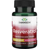 Swanson Resveratrol 250 mg; pullo Swanson Resveratrol -ravintolisää, 30 kapselia, tarkoitettu sydän- ja verisuoniterveyden ja antioksidanttitoiminnan tueksi, 250 mg kapselia kohden; muovipullo tummanvihreä kiiltäväpintainen, lieriömäinen muoto ja kultainen kierrekorkki; etusivun etiketti valkoisella ja vihreällä tekstillä valkoisella pohjalla, lihavoitua groteski- ja antiikvafonttia; tuote tasaisella valkoisella taustalla studiotyylisessä kuvassa; ei ihmisiä tai käsiä.