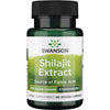 Swanson Shilajit Extract 400 mg; pullo, sisältää fulvohappoa, 400 mg per kapseli, laadunvarmistettu, 60 kasviskapselia; pullo on sylinterinmuotoinen tummanvihreää muovia kiiltäväpinnalla ja mustalla kierrekorkilla; etiketti on valkoinen ja beige lihavoiduin serif- ja groteskikirjasimin; kuva näyttää koko tuotteen pystyssä valkoisella studiotaustalla, ei ihmisiä tai käsiä näkyvissä.