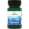 Swanson Synergistic Eye Health Lutein & Zeaxanthiin; vihreä pullo Swanson Synergistic Eye Health -ravintolisää luteiinilla ja zeaksantiinilla; etiketissä 60 vegaanista pehmeäkapselia silmien ja näön terveyden tueksi; muovipullo kiiltopinnalla sylinterin muotoinen kierrekorkilla; etiketti lihavoitua serifi- ja groteskikirjasinta valkoisena, keltaisena ja vihreänä tummaa taustaa vasten; tuote yksinään valkoisella taustalla studiokuvassa, ei ihmisiä tai käsiä.