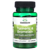 Swanson Turmeric & Bromelain; vihreä muovipullo yrttiravintolisää mattaetiketillä ja mustalla kierrekorkilla; etiketissä valko-kultaista groteskitekstiä, joka listaa nivelterveyden, liikkuvuuden tuen, 2-in-1-kaavan ja 60 kapselia; pullo on sylinterinmuotoinen; ei ihmisiä tai käsiä; neutraali tausta, tuote keskitettynä kuvassa.