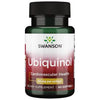 Swanson Ubiquinol 50 mg; Swanson Ubiquinol -ravintolisäpullo, merkitty sydän- ja verisuoniterveyden sekä energian tueksi; sisältää 60 pehmeäkapselia, kukin 50 mg; pullo vihreä mustalla korkilla; etiketissä lihavoitua ja tavallista groteskitekstiiä eri kokoina; pakkauksen pinta matta; ei ihmisiä tai käsiä kuvassa.