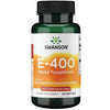 A bottle of Swanson E-400 Mixed Tocopherols vitamin E supplement with 100 softgels, each providing 400 IU (268 mg) per softgel for antioxidant and essential nutrient support, featuring a potent blend of tocopherols. Plastic cylindrical bottle with a green cap and glossy label; label text includes brand name, product name, dosage information; mostly white background; studio shot.
