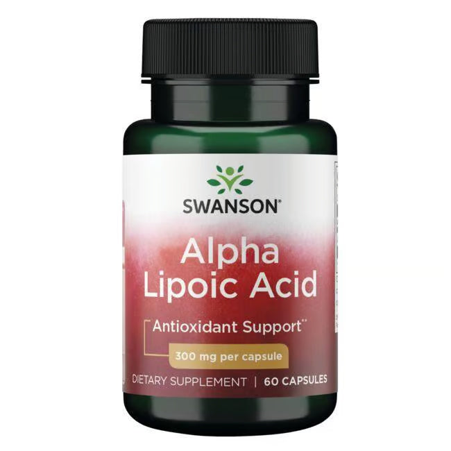 Swanson Alpha Lipoic Acid 300 mg; pullo Swanson Alpha Lipoic Acid -ravintolisää; pullo tummanvihreää muovia kiiltopinnalla kultaisella korkilla; etiketissä brändinimi lihavoidulla mustalla kirjasimella, sinisin ja vihrein korostuksin, luettavissa 300 mg kapselia kohti, 60 kapselia purkkia kohti ja antioksidanttituki; valkoinen tausta, ei ihmisiä tai käsiä kuvassa.