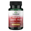 Swanson Alpha Lipoic Acid 300 mg; pullo Swanson Alpha Lipoic Acid -ravintolisää; pullo tummanvihreää muovia kiiltopinnalla kultaisella korkilla; etiketissä brändinimi lihavoidulla mustalla kirjasimella, sinisin ja vihrein korostuksin, luettavissa 300 mg kapselia kohti, 60 kapselia purkkia kohti ja antioksidanttituki; valkoinen tausta, ei ihmisiä tai käsiä kuvassa.