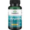 Swanson L-Arginine 500 mg; vihreä sylinterin muotoinen muovipullo mustalla mattaisella kierrekorkilla; etiketti valkoinen ja vihreä tummanvihreällä ja mustalla lihavoidulla groteskitekstillä; luettavissa brändinimi ja tuotetiedot: ”Swanson L-Arginine”, ”100 capsules”, ”500 mg per capsule”, ”energy and nitric oxide support”; vaalea tausta, tuote keskitettynä, ei ihmisiä tai käsiä.