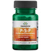 A green plastic bottle, cylindrical with a screw-on cap, holds dietary supplement capsules. The label is white with green and gold accents, featuring bold and regular fonts in black and dark green. Visible label text: Swanson P-5-P (Pyridoxal-5-Phosphate), Vitamin B-6, 40 mg per capsule, 60 capsules per bottle, cellular health, double strength support. The product is shot on a plain white background.