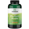 Swanson Psyllium Husks; pullo Swanson Psyllium Husks -ravintolisää ruoansulatuksen tueksi, sisältää 300 kapselia, 610 mg psylliumkuorta kapselia kohti; muovipullo tummanvihreällä korkilla ja valkoisella kiiltopintaisella rungolla; vihreä ja valkoinen etiketti groteskikirjasimella ja lehtilogolla; valkoinen tausta, ei ihmisiä tai käsiä kuvassa.
