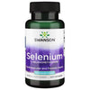 A bottle of Swanson Selenium L-Selenomethionine supplement, labeled for cardiovascular and prostate health support, 100 mcg per capsule, 200 capsules. Opaque white plastic bottle with a dark green screw cap; the label is matte with “Swanson” in large serif font at the top and smaller sans-serif text below. Photo features only the bottle against a plain white background.
