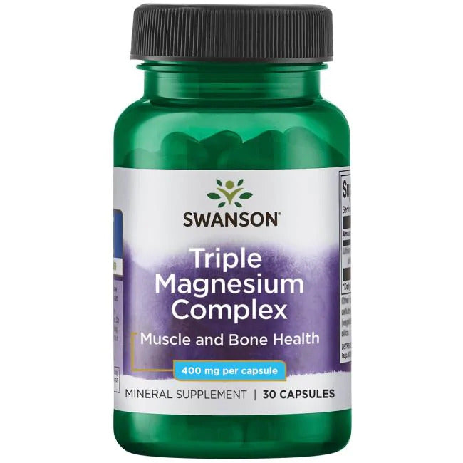 Swanson Triple Magnesium Complex; vihreä muovipullo mattapinnalla, jossa lukee ”Swanson Triple Magnesium Complex”; etiketissä lukee ”400 mg per capsule” ja ”30 capsules”; etiketti käyttää valkoista ja kultaista groteskitekstiä vähäisin kuvituksin; pullo on sylinterinmuotoinen kierrekorkilla; tausta valkoinen, ei ihmisiä tai käsiä kuvassa; vihreä Swanson Triple Magnesium Complex -pullo, jossa 400 mg per kapseli ja 30 kapselia yhteensä, tukee lihas- ja luuterveyttä tasapainotetulla magnesiumkoostumuksella.