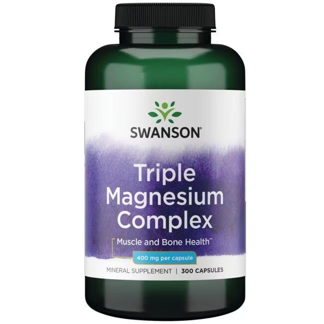 Swanson Triple Magnesium Complex; pullo Swanson Triple Magnesium Complex -tuotetta, sisältää 300 kapselia; pakkaus on sylinterinmuotoista muovia kiiltäväpinnalla, etiketti violetti ja valkoinen; etikettitekstissä lukee ”Muscle and Bone Health” ja ”400 mg magnesium per capsule”; tausta yhtenäisen tummanvihreä; ei ihmisiä tai käsiä näkyvissä.