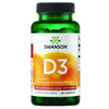 Swanson Vitamin D3 25 mikrog; vihreä muovipullo kiiltäväpinnalla, tekstillä Swanson Vitamin D3, seisoo pystyssä; etiketissä brändinimi lihavoidulla valkoisella groteskitekstillä, ravintolisän nimi, annostustiedot (1 000 IU, 25 mcg), kapselimäärä (250) sekä maininta luiden ja immuunijärjestelmän terveydestä; säiliö lieriömäinen mustalla kierrekannella; tasainen studiotausta, ei käsiä tai ihmisiä.