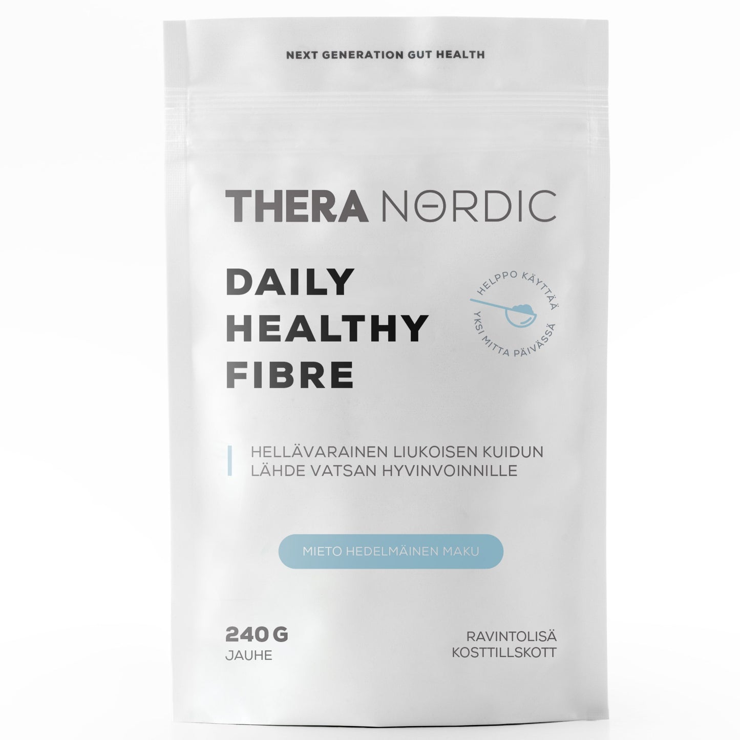 THERA Nordic Daily Healthy Fiber Kuitujauhe; valkoinen pussi, jossa lukee "THERA NORDIC Daily Healthy Fibre", suomen- ja englanninkielistä tekstiä, sinistä ja mustaa fonttia sekä pyöreä sininen kuvake; joustava pussi on mattapintainen ja suorakulmainen, yläreuna saumattu; typografia on groteskia; pakkaus viittaa 240 g:n jauhemuotoiseen kuitulisäravinteeseen päivittäiseen kuitujen saantiin; tausta neutraali, ei ihmisiä tai käsiä näkyvissä.