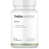 THERA Nordic Move; valkoinen pullo tekstillä THERA NORDIC MOVE, tietoa magnesiumista ja actazin-kiiviuutteesta, sisältää 60 kapselia; etiketti suomeksi ja ruotsiksi, ilmoittaa ravintolisän sisältävän magnesiumia; lieriömäinen muovipurkki mattapinnalla ja kierrekannella, painettu etiketti mustaa ja vihreää groteskitekstiä; neutraali tausta, ei ihmisiä tai muita esineitä kuvassa.