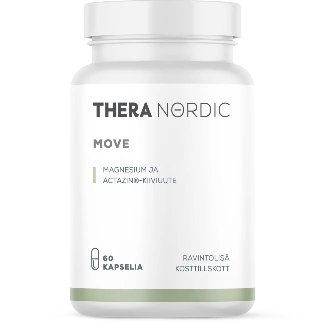 THERA Nordic Move; valkoinen pullo tekstillä THERA NORDIC MOVE, tietoa magnesiumista ja actazin-kiiviuutteesta, sisältää 60 kapselia; etiketti suomeksi ja ruotsiksi, ilmoittaa ravintolisän sisältävän magnesiumia; lieriömäinen muovipurkki mattapinnalla ja kierrekannella, painettu etiketti mustaa ja vihreää groteskitekstiä; neutraali tausta, ei ihmisiä tai muita esineitä kuvassa.