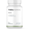 THERA Nordic Move; valkoinen pullo tekstillä THERA NORDIC MOVE, tietoa magnesiumista ja actazin-kiiviuutteesta, sisältää 60 kapselia; etiketti suomeksi ja ruotsiksi, ilmoittaa ravintolisän sisältävän magnesiumia; lieriömäinen muovipurkki mattapinnalla ja kierrekannella, painettu etiketti mustaa ja vihreää groteskitekstiä; neutraali tausta, ei ihmisiä tai muita esineitä kuvassa.