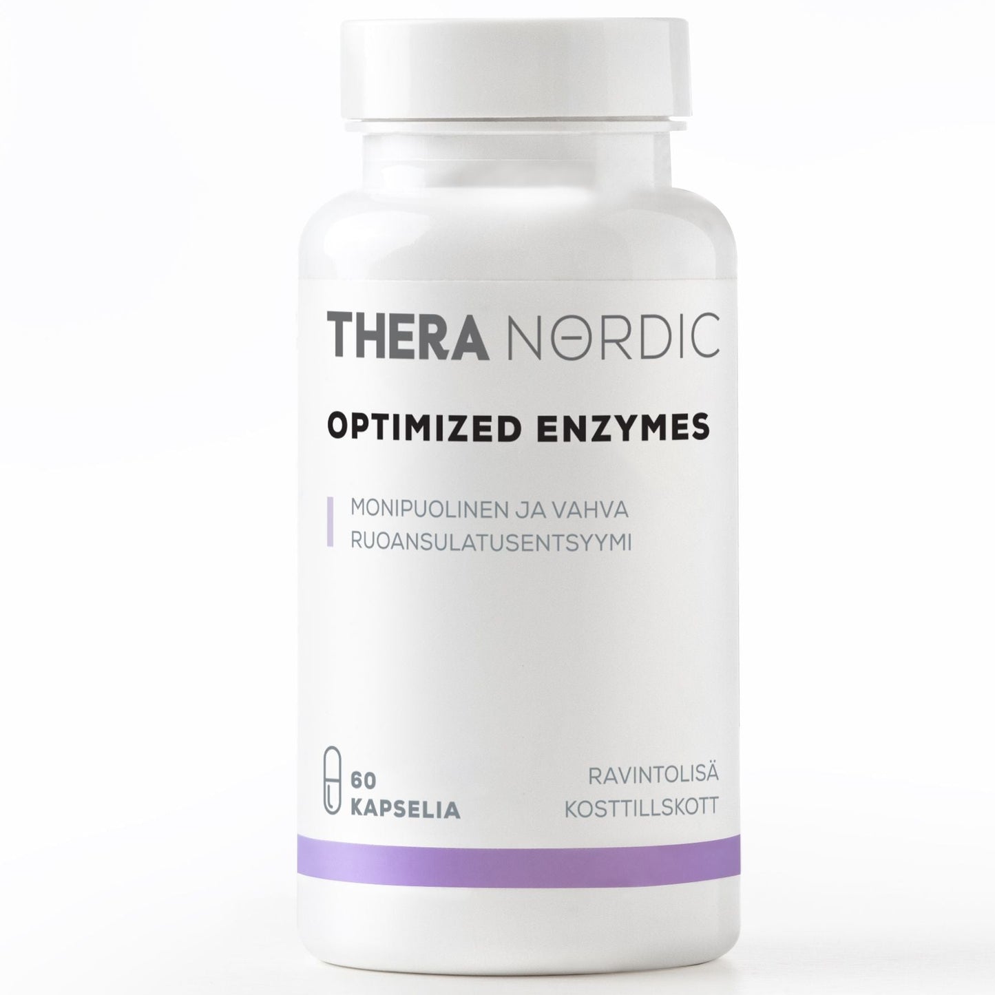 THERA Nordic Optimized Enzymes; valkoinen muovipullo mattapinnalla, sylinterinmuotoinen, kierrekorkki; etiketissä luettavaa tekstiä "THERA NORDIC Optimized Enzymes", suomenkielistä tekstiä, 60 kapselia, ja violetti korostusraita; etiketti on pääosin valkoinen yksinkertaisella groteskitypografialla; kuvassa ei näy ihmisiä tai käsiä; tausta neutraali; ruoansulatusentsyymejä sisältävä ravintolisä ruoansulatuksen tueksi.
